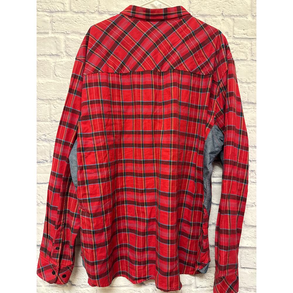 AKOO Men's Red Plaid Button Up Shirt Long Sleeve Grey Wash Side Panels SZ 4XL - Picture 4 of 4